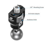 Leofoto AM‑8‑12 scharnierende arm productweergave met aanduiding van 3/8-mounting screw, anti-twist adapter en assistance hole.