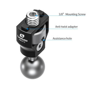 Leofoto AM‑8‑12 scharnierende arm productweergave met aanduiding van 3/8-mounting screw, anti-twist adapter en assistance hole.