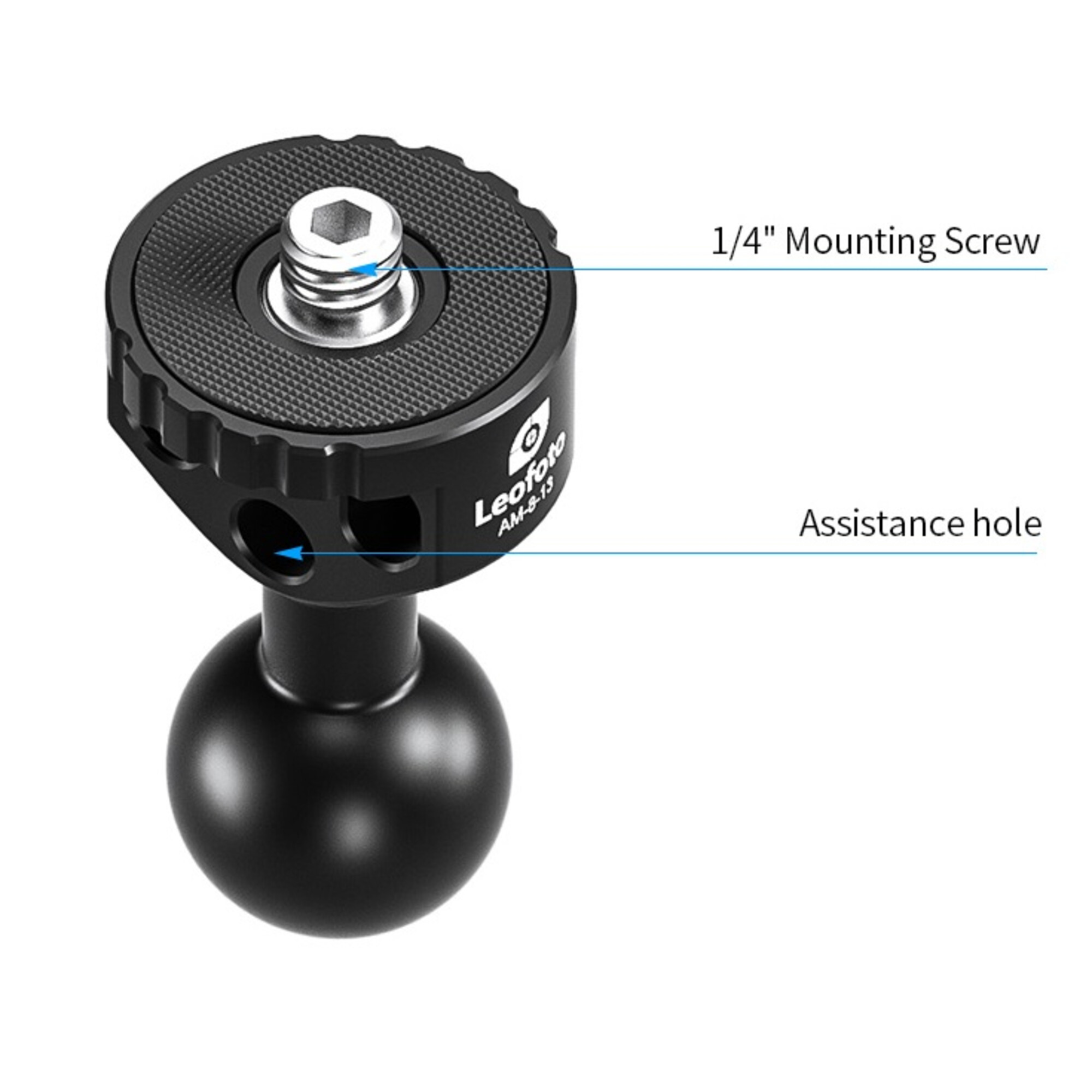 Leofoto AM‑8‑13 scharnierende arm bovenaanzicht met aanduiding van 1/4-inch mounting screw en zijwaarts assistance hole.