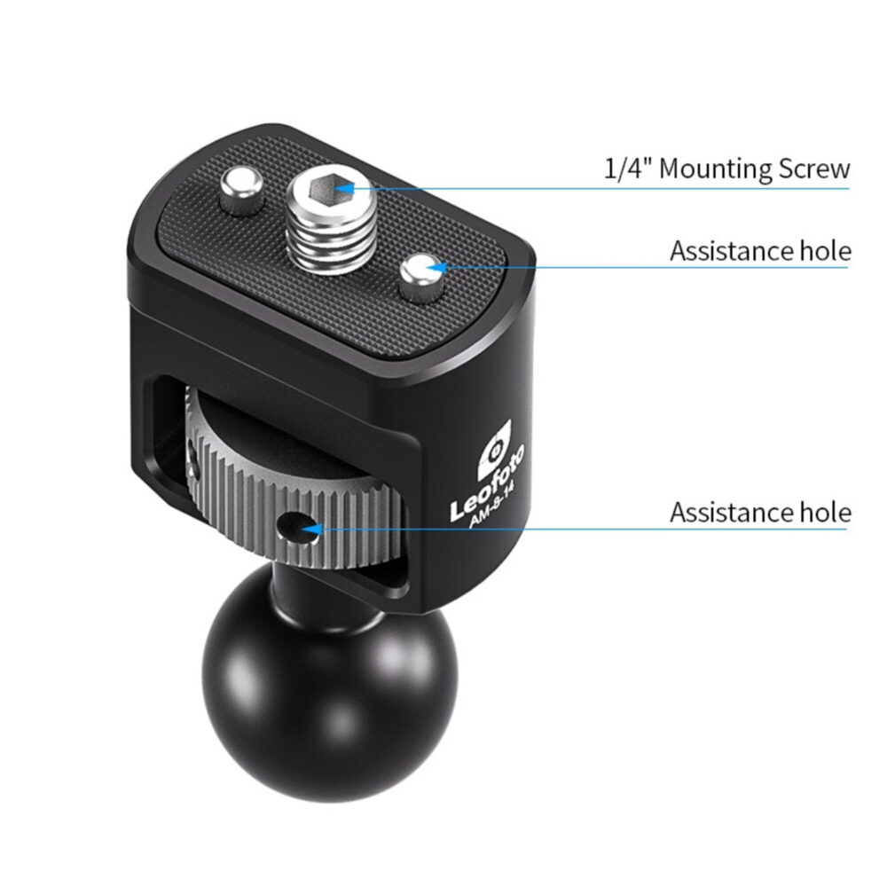Leofoto AM-8-14 scharnierende arm productweergave met markering van 1/4-inch mounting screw en assistance holes.