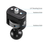 Leofoto AM-8-14 scharnierende arm productweergave met markering van 1/4-inch mounting screw en assistance holes.