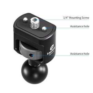 Leofoto AM-8-14 scharnierende arm productweergave met markering van 1/4-inch mounting screw en assistance holes.