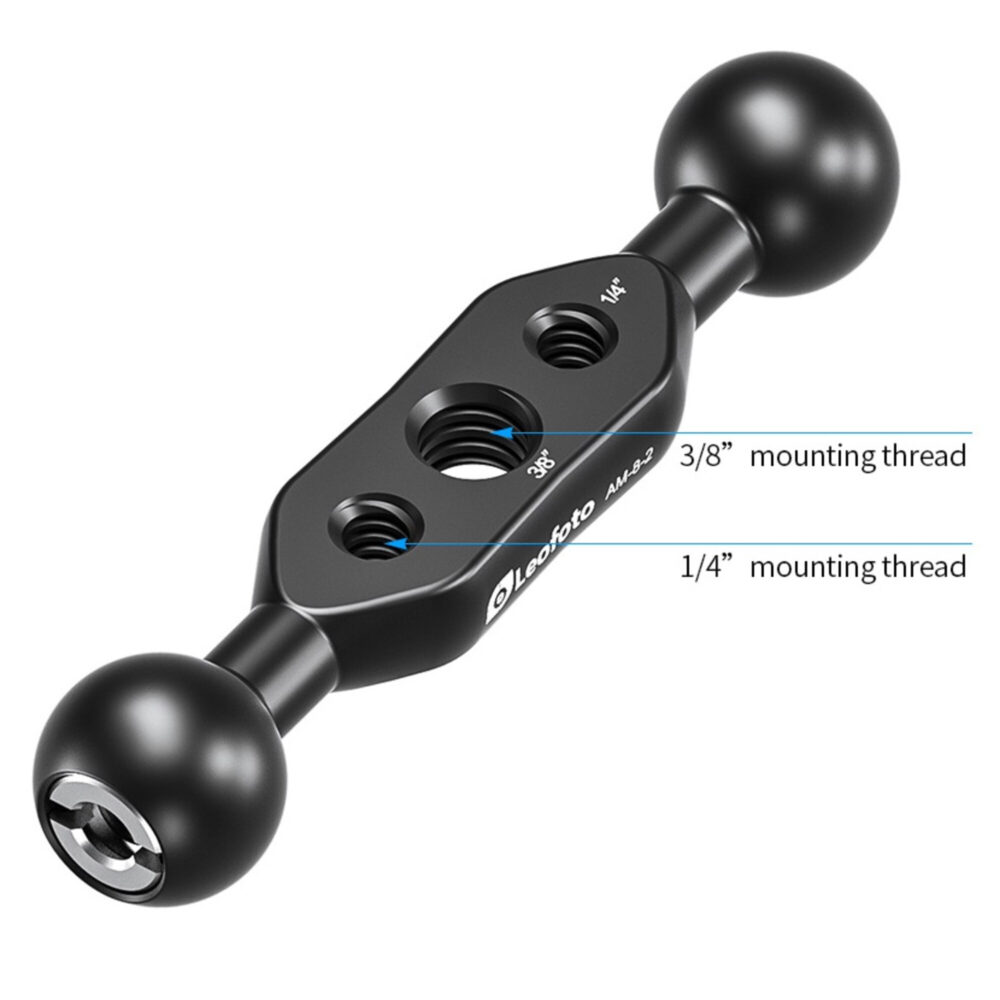 Leofoto AM-8-2 scharnierende arm korte arm bovenaanzicht met markering van 3/8- en 1/4-inch mounting threads.