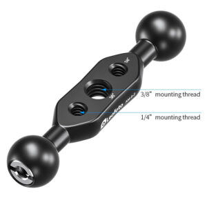 Leofoto AM-8-2 scharnierende arm korte arm bovenaanzicht met markering van 3/8- en 1/4-inch mounting threads.