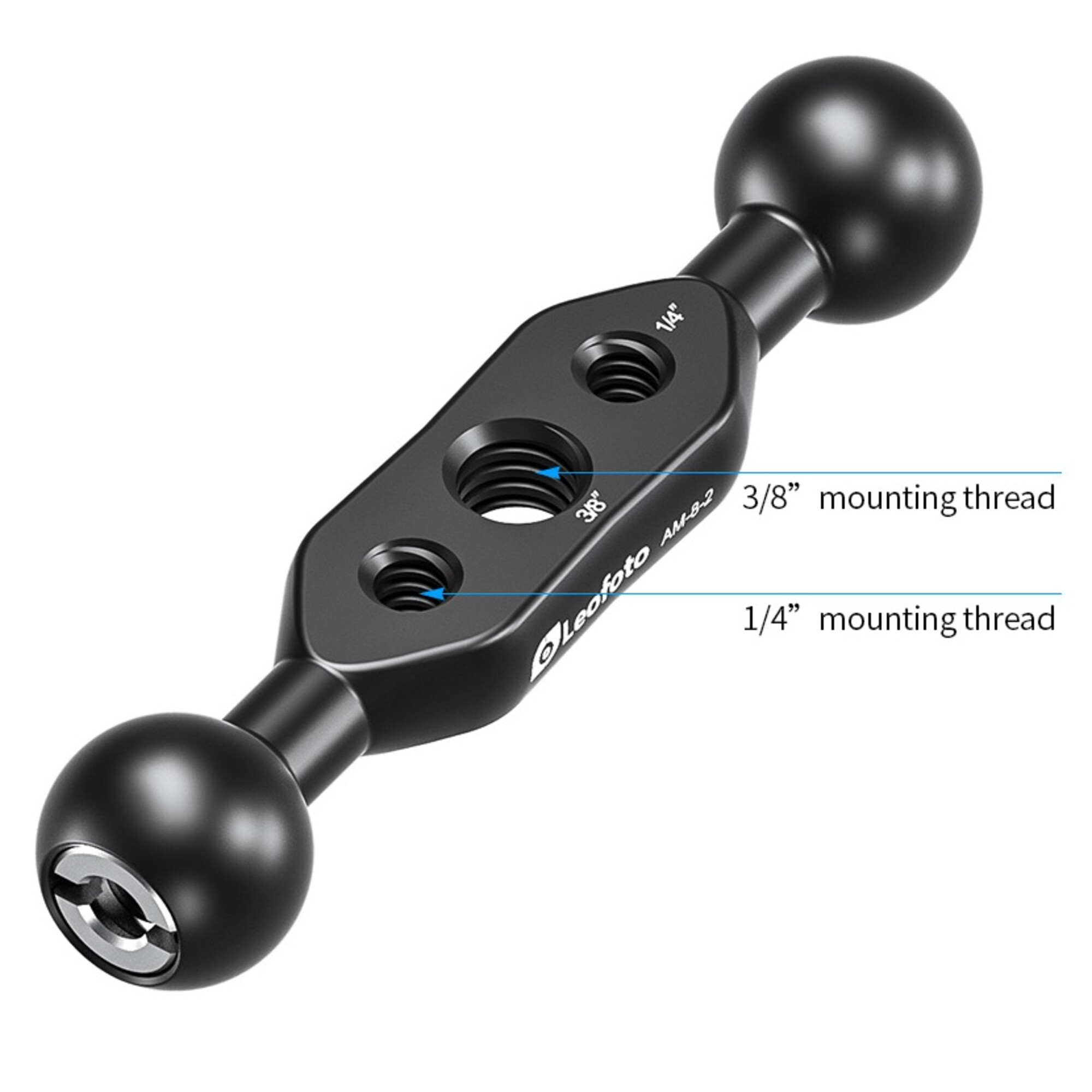 Leofoto AM-8-2 scharnierende arm korte arm bovenaanzicht met markering van 3/8- en 1/4-inch mounting threads.