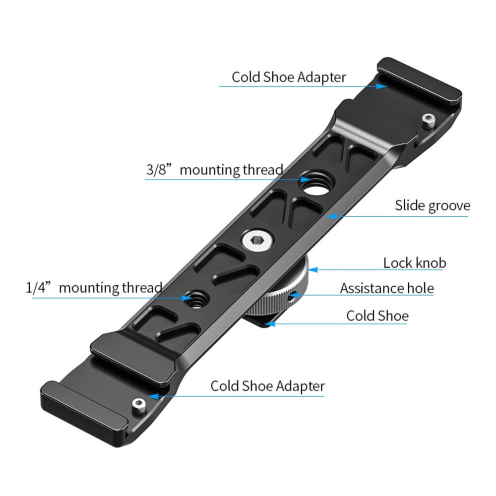 Leofoto AM-8-3 scharnierende arm diagram met aangegeven cold shoes, 1/4- en 3/8-montagegaten, sleuf en lock-knop.