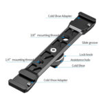 Leofoto AM-8-3 scharnierende arm diagram met aangegeven cold shoes, 1/4- en 3/8-montagegaten, sleuf en lock-knop.