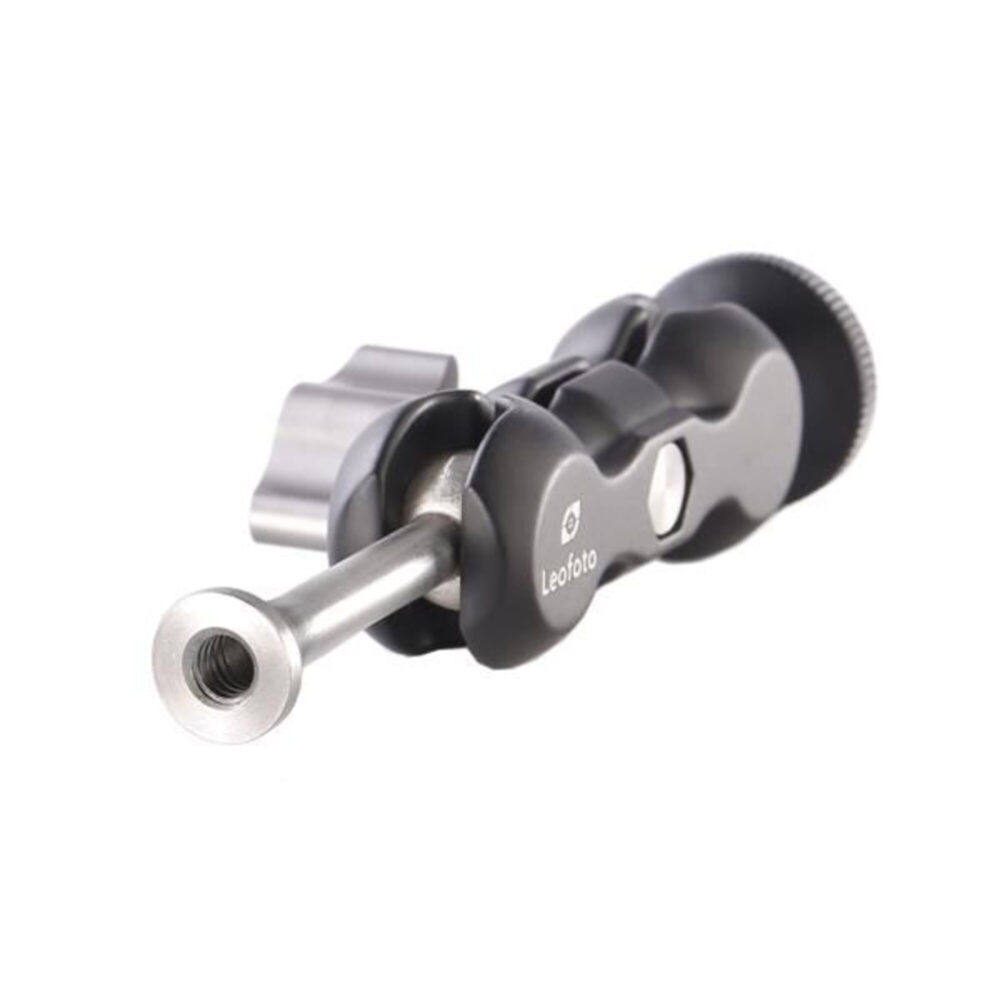 Leofoto AM-2T scharnierende arm liggend zijaanzicht met zichtbaar scharniermechanisme, 1/4-inch schroefdraad en draaiknop voor fixatie.
