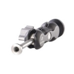 Leofoto AM-2T scharnierende arm liggend zijaanzicht met zichtbaar scharniermechanisme, 1/4-inch schroefdraad en draaiknop voor fixatie.