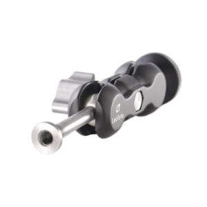 Leofoto AM-2T scharnierende arm liggend zijaanzicht met zichtbaar scharniermechanisme, 1/4-inch schroefdraad en draaiknop voor fixatie.