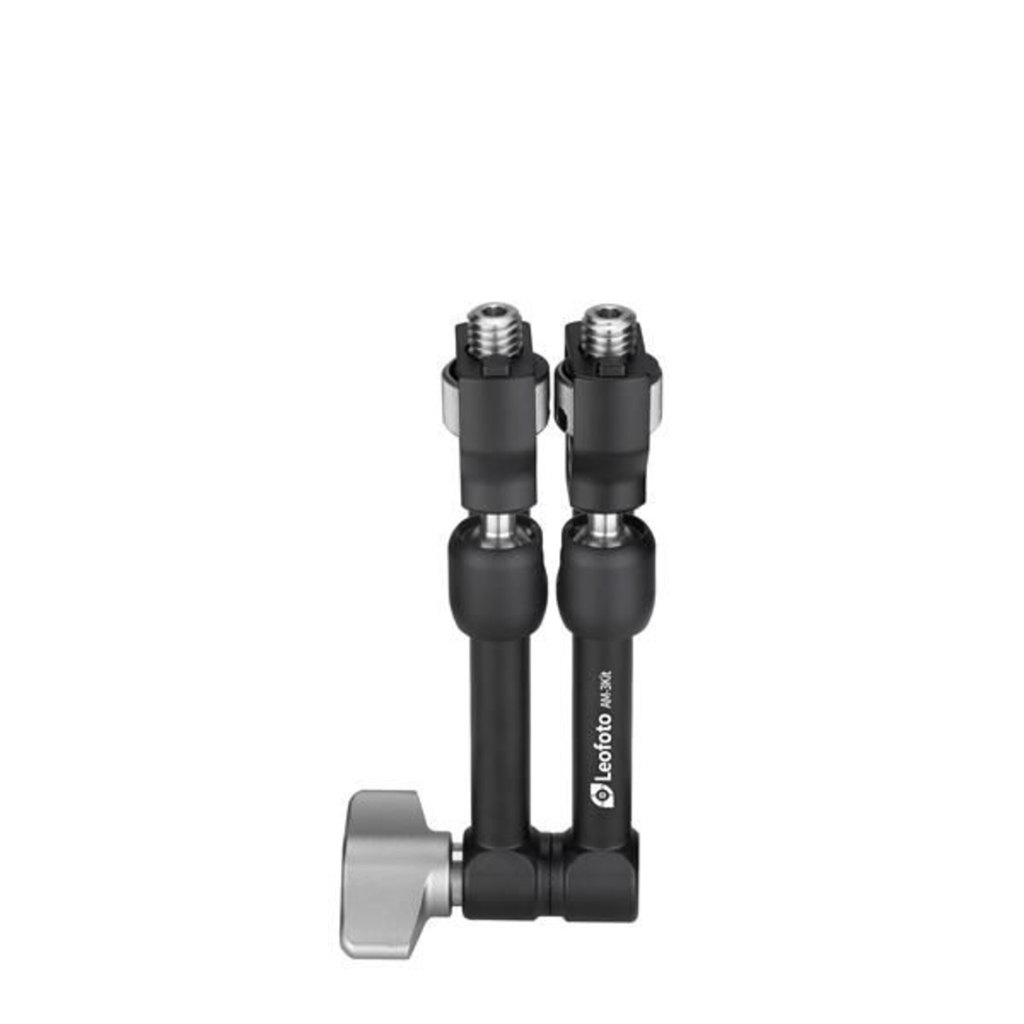 Leofoto AM-3 scharnierende arm rechtopstaand dubbelarmig ontwerp met twee schroefdraadadapters en grote klemknop.