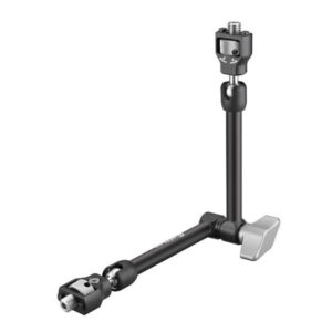 Leofoto AM-4 scharnierende arm in L-vormige werkpositie met 3/8-inch aansluitingen en zilverkleurige klemknop.