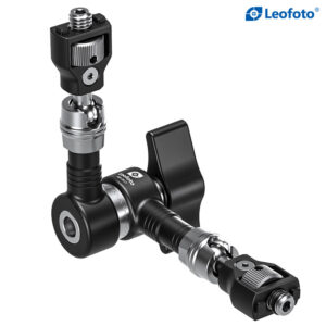 Leofoto AM-5 scharnierende arm detailweergave van scharnier met draaisluiting en aluminium constructie.