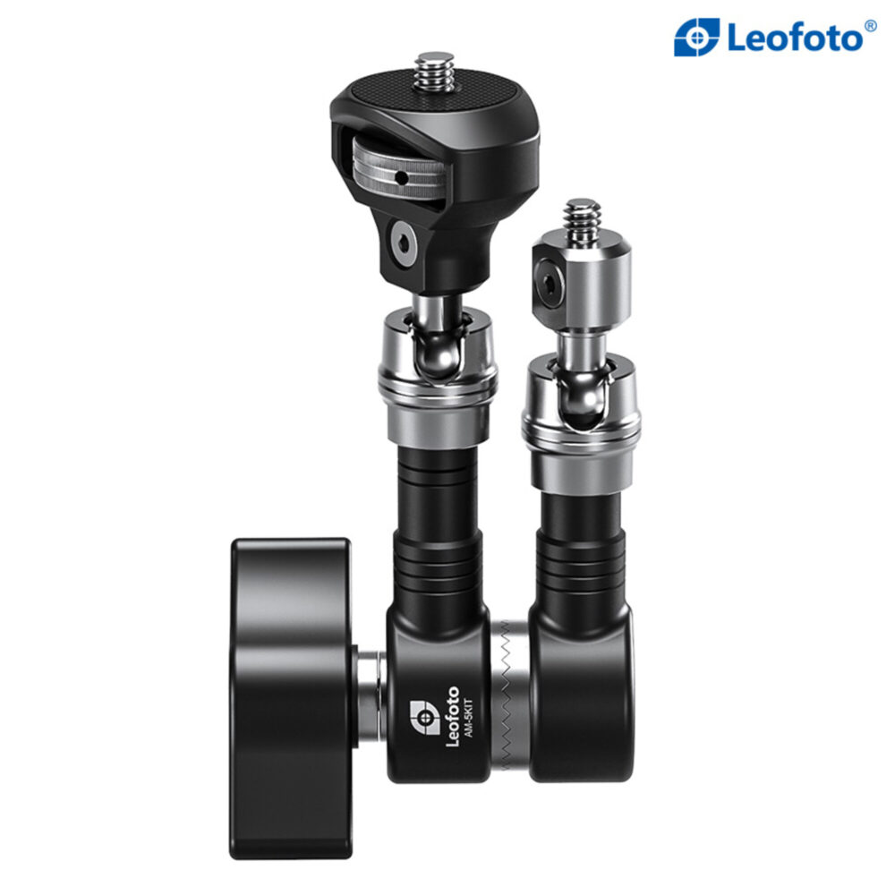 Leofoto AM-5 scharnierende arm volledig gemonteerde set met extra adapterarm en statiefbasis.