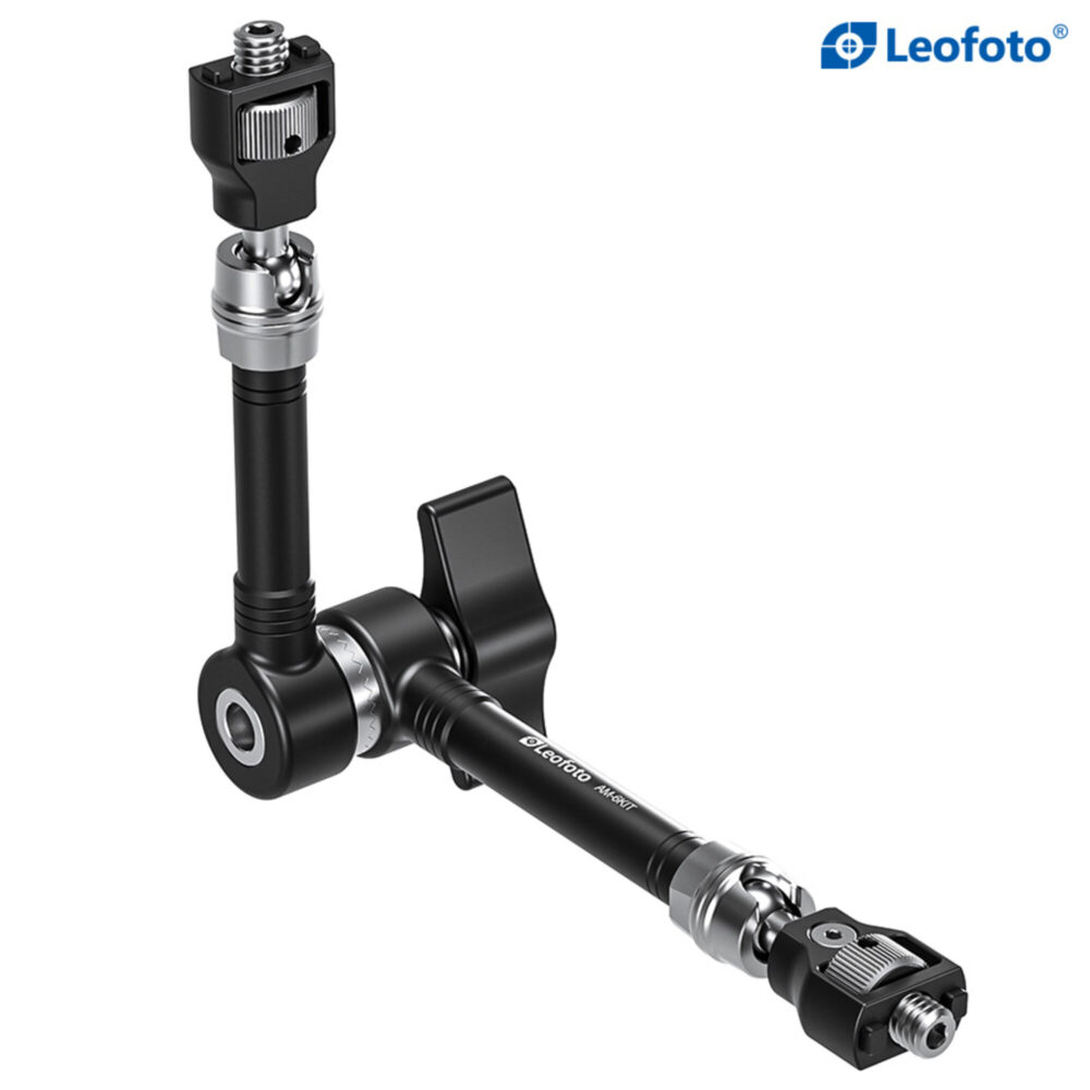 Leofoto AM-6 KIT Scharnierende Arm in zijaanzicht met gebogen middengewricht en grote vergrendelknop