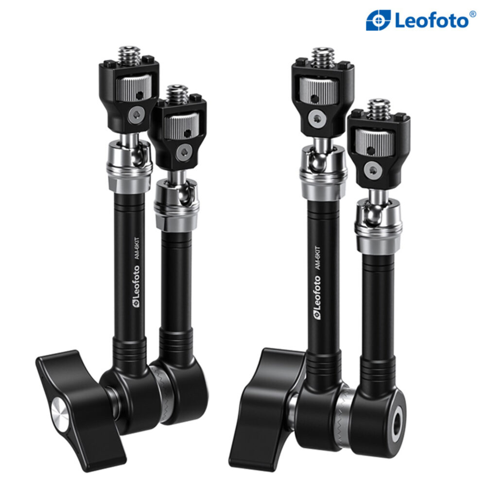 Leofoto AM-6 KIT Scharnierende Arm twee varianten rechtop opgesteld met verschillende adapters