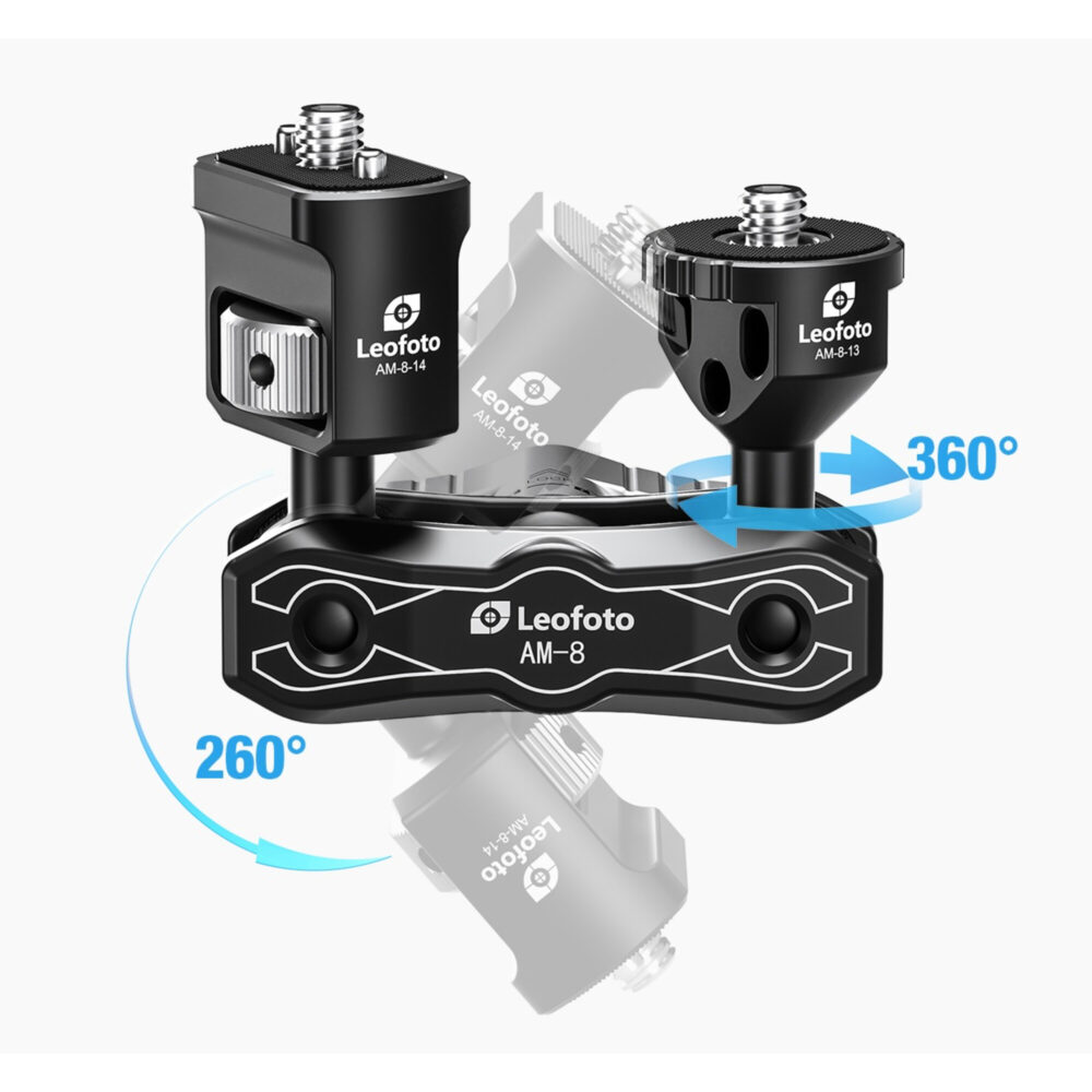 Leofoto AM-8 Kit Scharnierende Arm met rotatiepijlen die 260 graden kanteling en 360 graden draaiing tonen