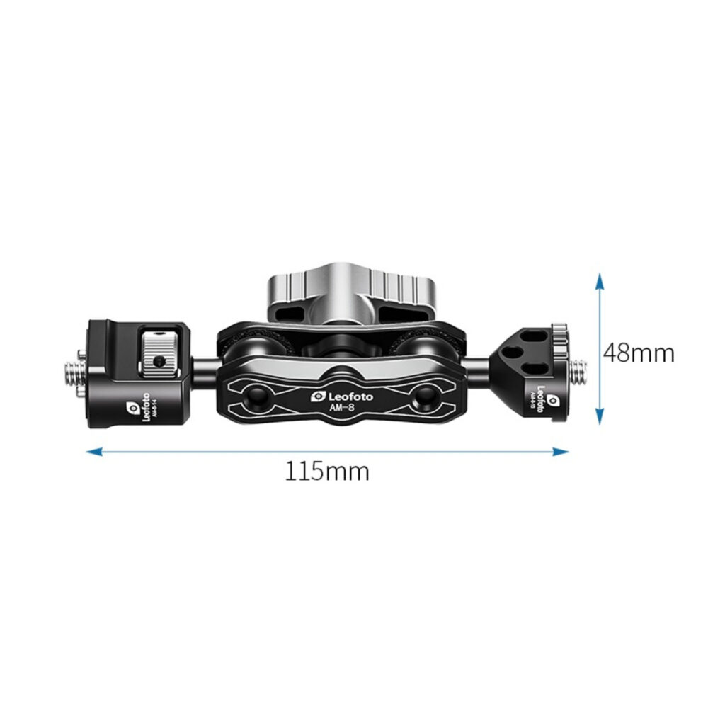 Leofoto AM-8 Kit Scharnierende Arm bovenaanzicht met maatvoering van 115 mm lengte en 48 mm hoogte