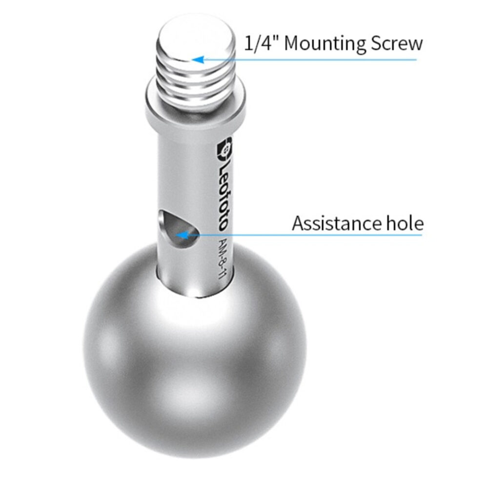Leofoto AM‑8‑11 scharnierende productweergave met markering van 1/4-inch mounting screw en zijgat.