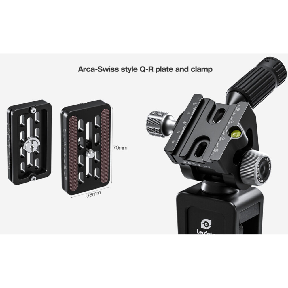 Leofoto WN-01+SW-02 Raamstatief met SW-02 kop en Arca-Swiss snelkoppelingsplaat in exploded view presentatie