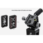 Leofoto WN-01+SW-02 Raamstatief met SW-02 kop en Arca-Swiss snelkoppelingsplaat in exploded view presentatie