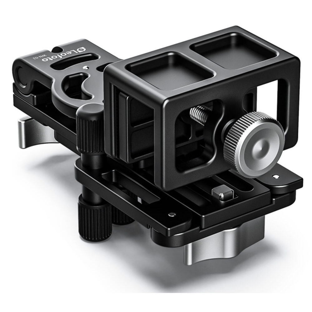 Leofoto WN-02 Raamstatief compacte raamklem met verstelbare armen en 3/8 inch montageplaat schuin van voren.