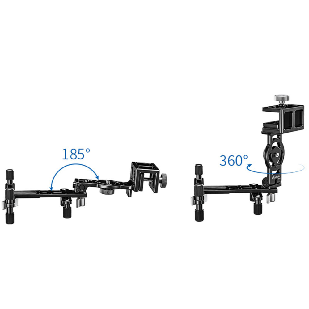 Leofoto WN-02 Raamstatief technische illustratie met 165 graden kantel- en 360 graden draaibereik.