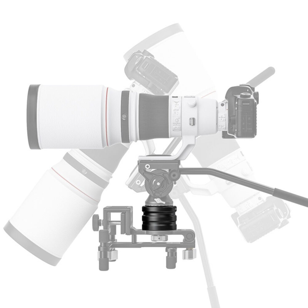 Leofoto H50 Statief Hoogteadapter gebruikt tussen statiefkop en telelenscombinatie voor extra hoogte en stabiliteit.