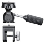 Leofoto WN-01+SW-01 Raamstatief frontaal beeld van raamklem met stelschroef en kantelbare 2-wegeneiger voor precieze uitrichting