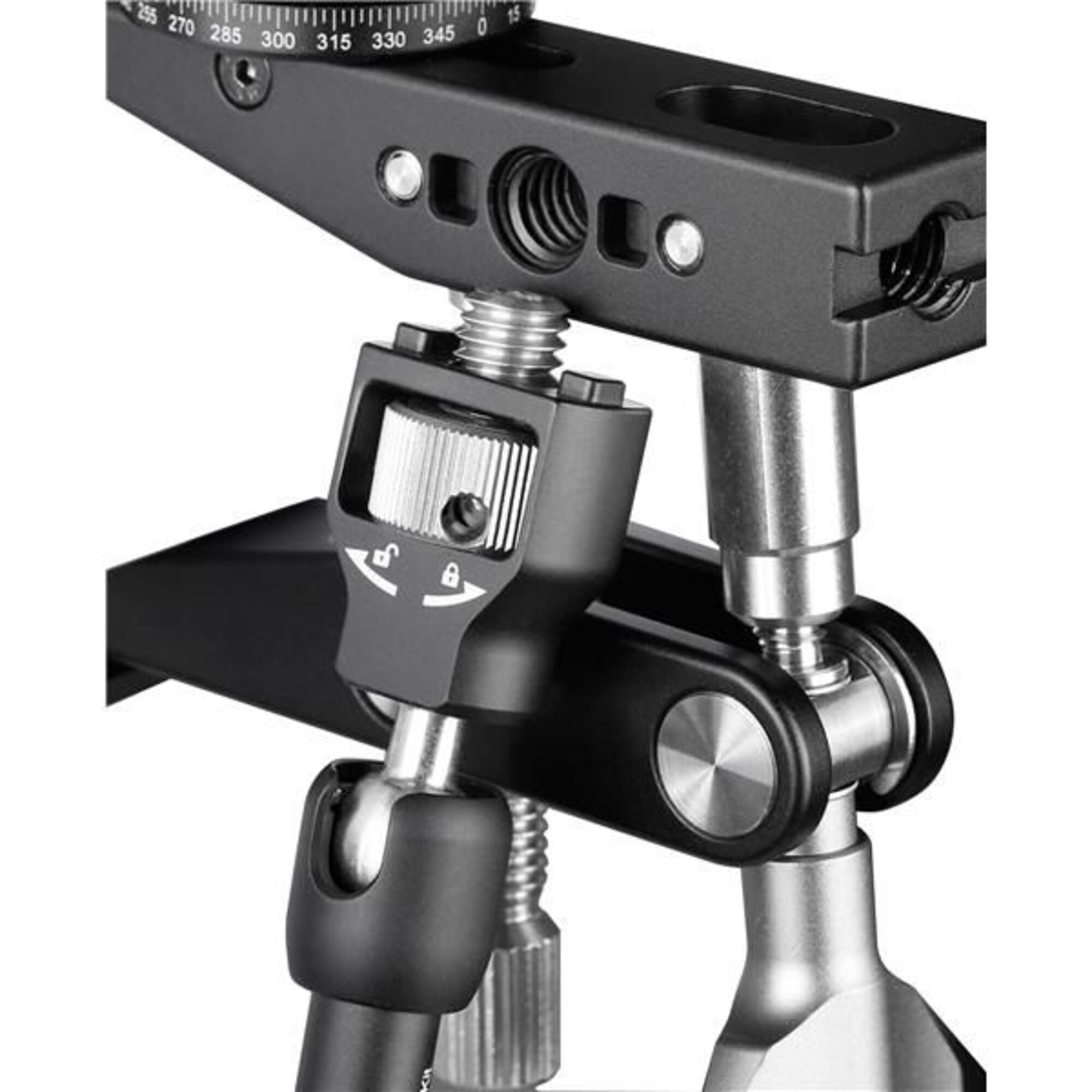 Leofoto MC-100 Klemstatief gemonteerd op statief met kogelkop voor stevige bevestiging van camera of accessoires.