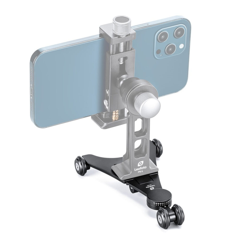 Leofoto DY-01 Opvouwbare Dolly in gebruik met gemonteerde smartphone op statiefkop
