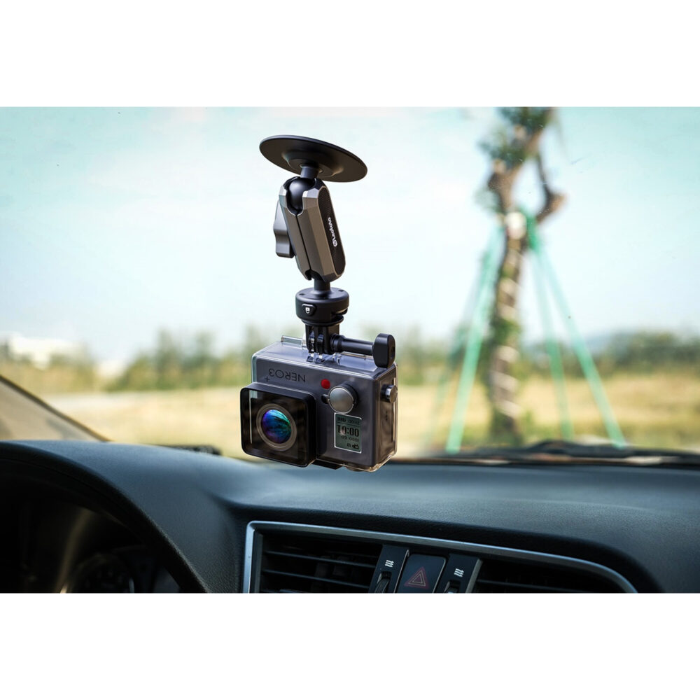 Leofoto LAC-03 Plakhouder systeemcamera op autodashboard bevestigd met plakhouder en kogelarm