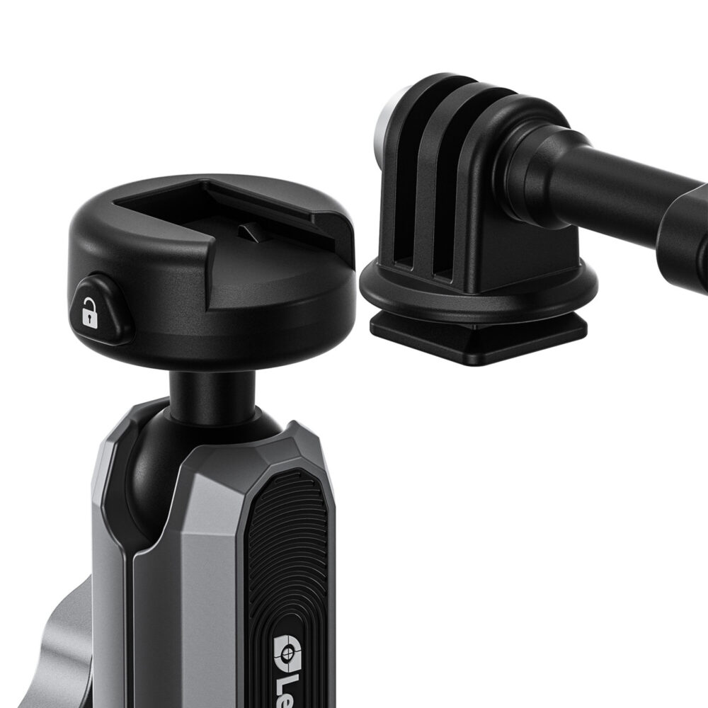 Leofoto LAC-05 zuigstatief detail van bovenste kogelkop met afneembare actioncam-adapter