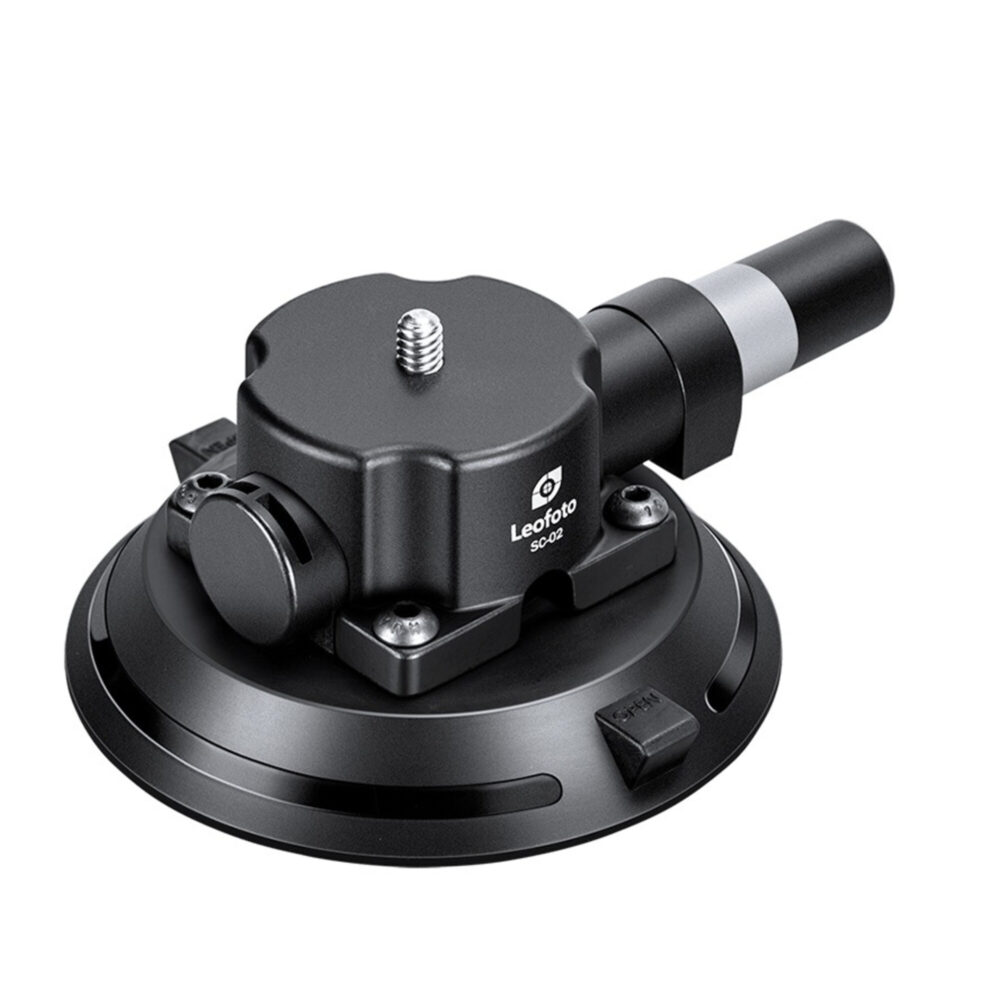 Leofoto SC-02 Statief Kit detail van 100mm zuignap met pompmechanisme en 3/8-inch montageaansluiting.