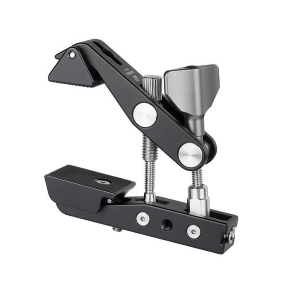 Leofoto MC-80 Klemstatief open multifunctionele klem met brede voetplaat en sterke metalen hefarm voor zware camera’s.