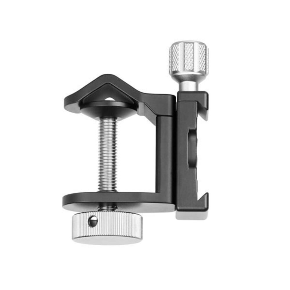 Leofoto UC-04 Buisklem Statief zijaanzicht van compacte buisklem met schroefmechanisme en Arca-Swiss zijklem.