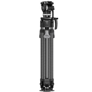 Leofoto LVF-163C + FH-10 Videostatief ingeklapt in transportstand met poten gesloten.