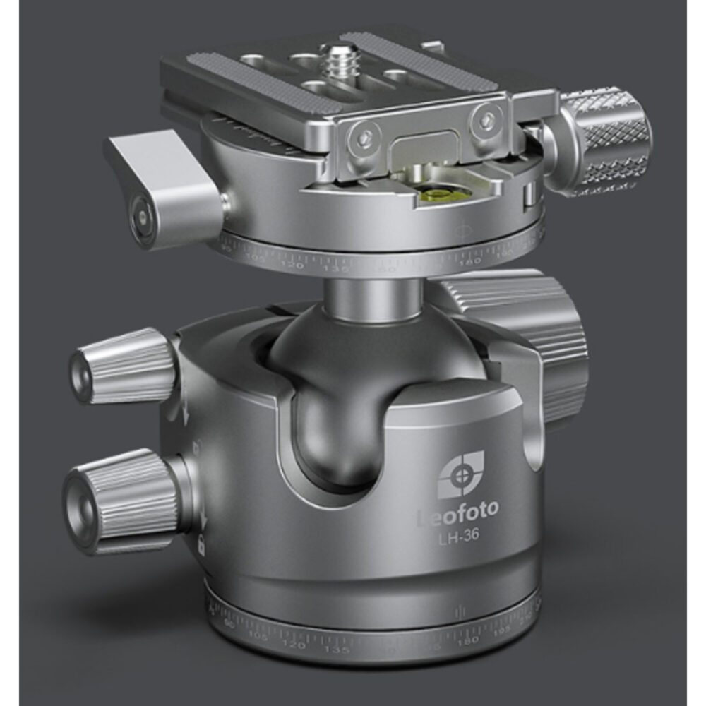 Leofoto LG-284C Tripod LH-36R kogelkop zilver met Arca-Swiss klem en snelkoppelplaat.