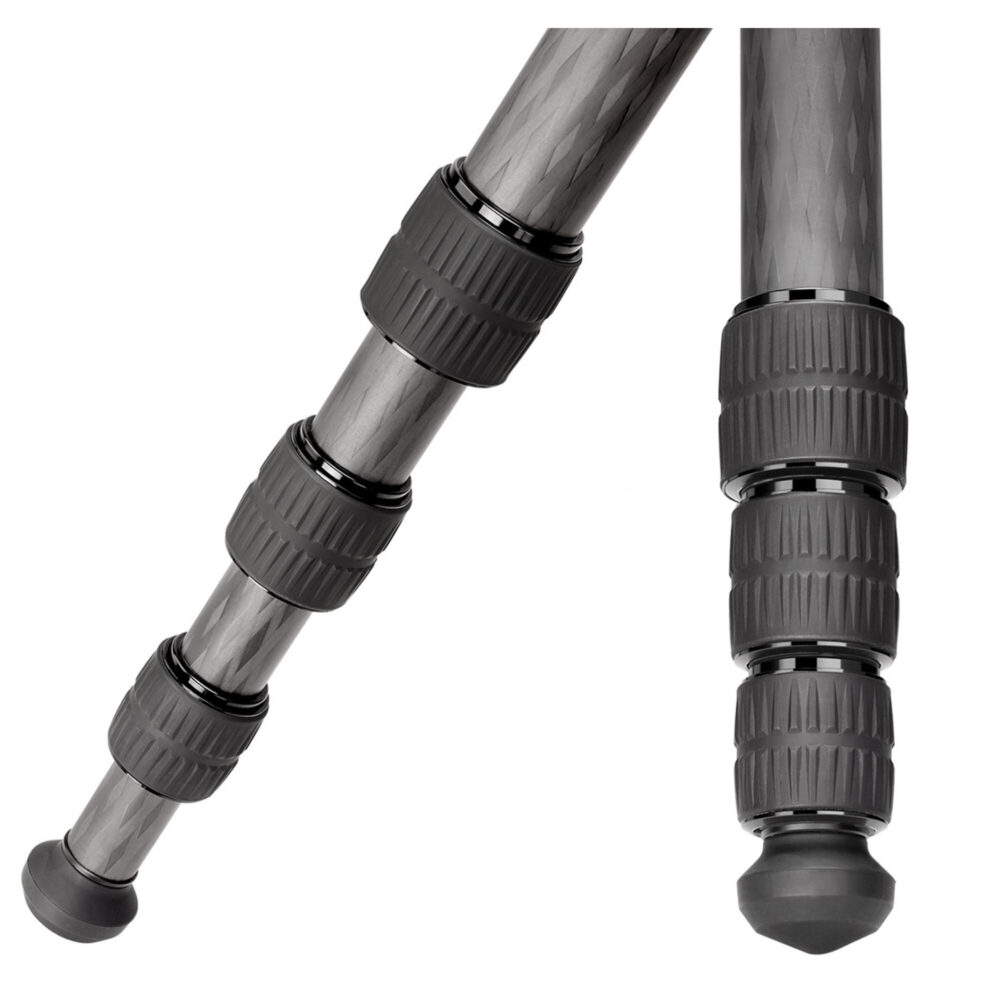 Leofoto LX-254CT Tripod close-up van segmentsloten en buisdiameters.