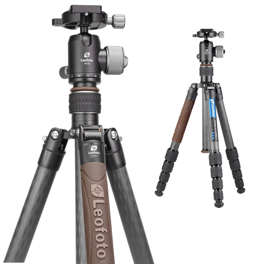Leofoto LX-255CT Tripod met XB-32 kogelkop en Urban griphoezen close-up.