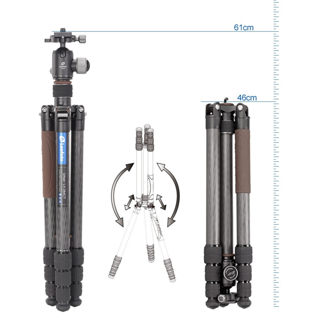 Leofoto LX-284CT Tripod demonstratie van 180° omklapbare poten en korte middenkolom.