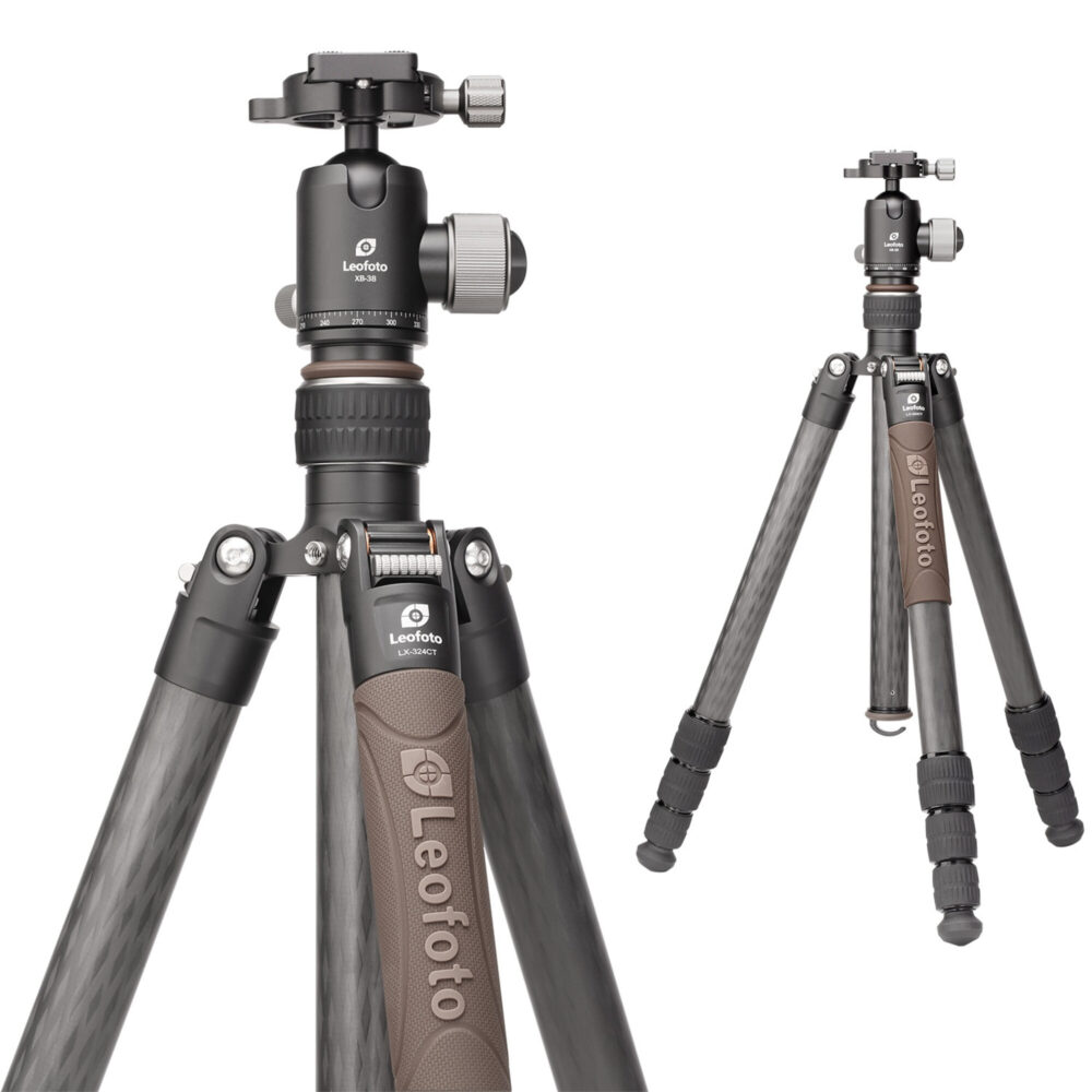 Leofoto LX-324CT Tripod voor- en zijaanzicht met gemonteerde XB-38.