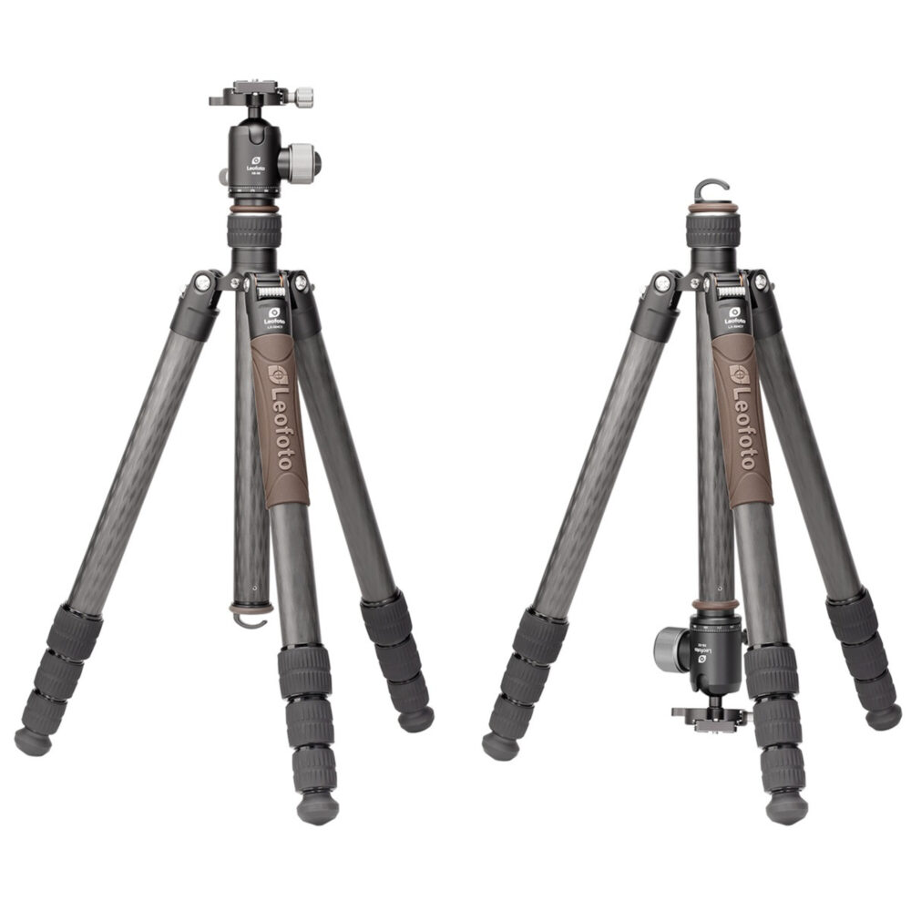 Leofoto LX-324CT Tripod twee opstellingen: maximale hoogte en lage stand.