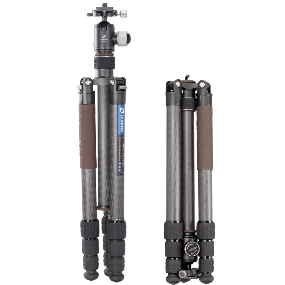 Leofoto LX-324CT Tripod compact opgevouwen met omgekeerde poten.