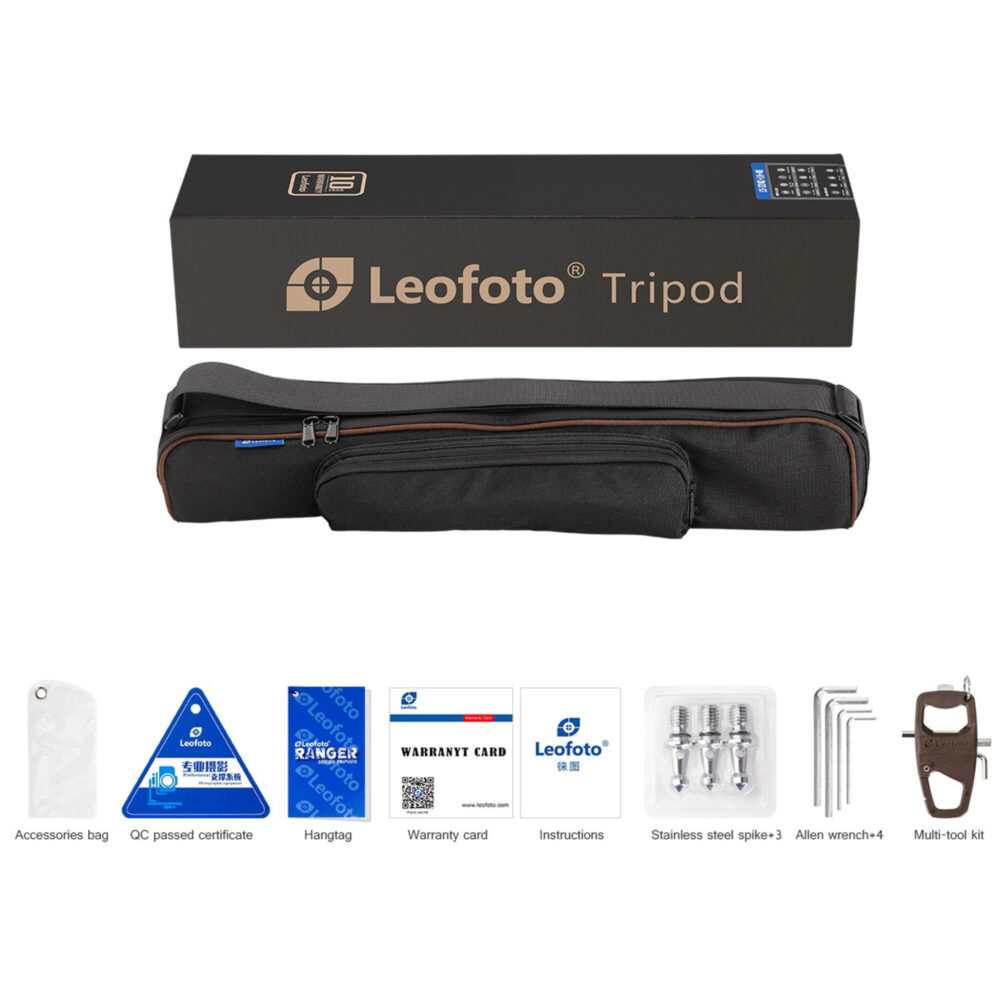 Leofoto LX-324CT Tripod complete set met tas, spikes, multitool en handleiding.