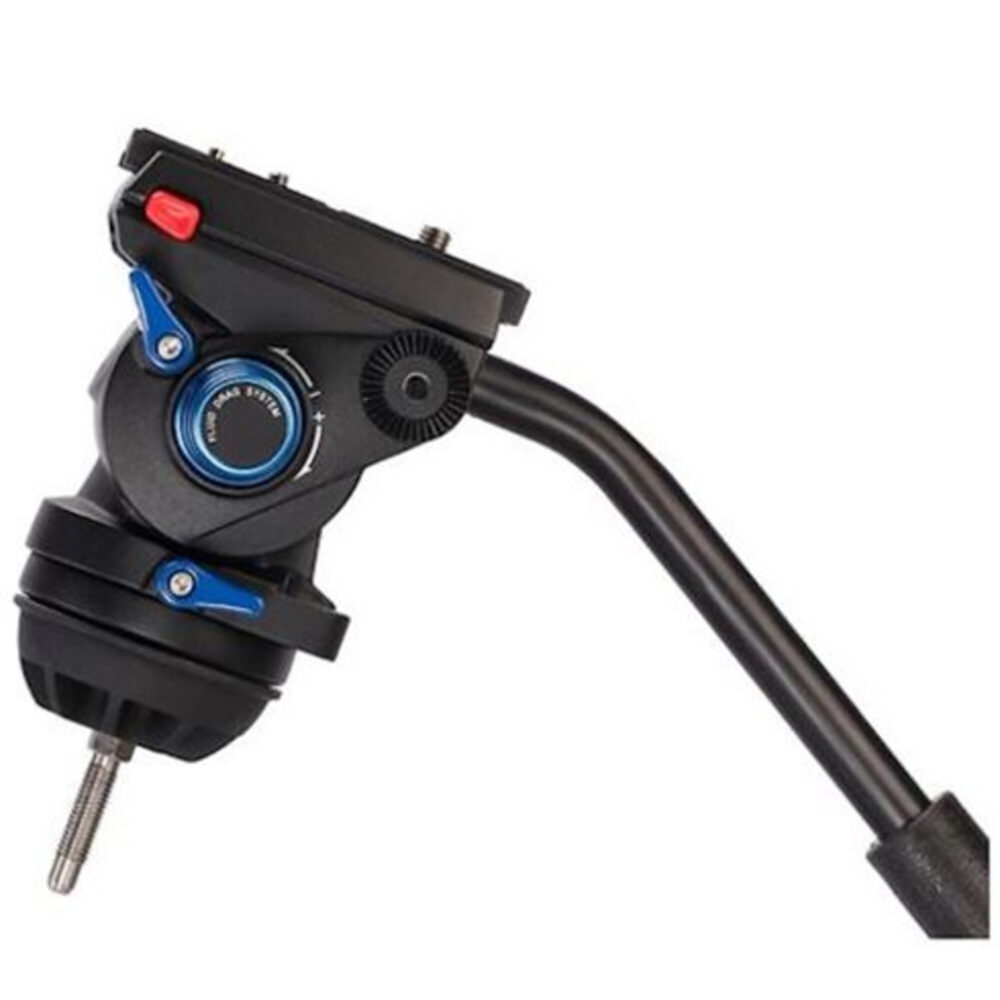 Leofoto VT-20+LF-75 Tripod zijaanzicht van VT-20 videokop met verstelbare panhendel en bedieningsknoppen.