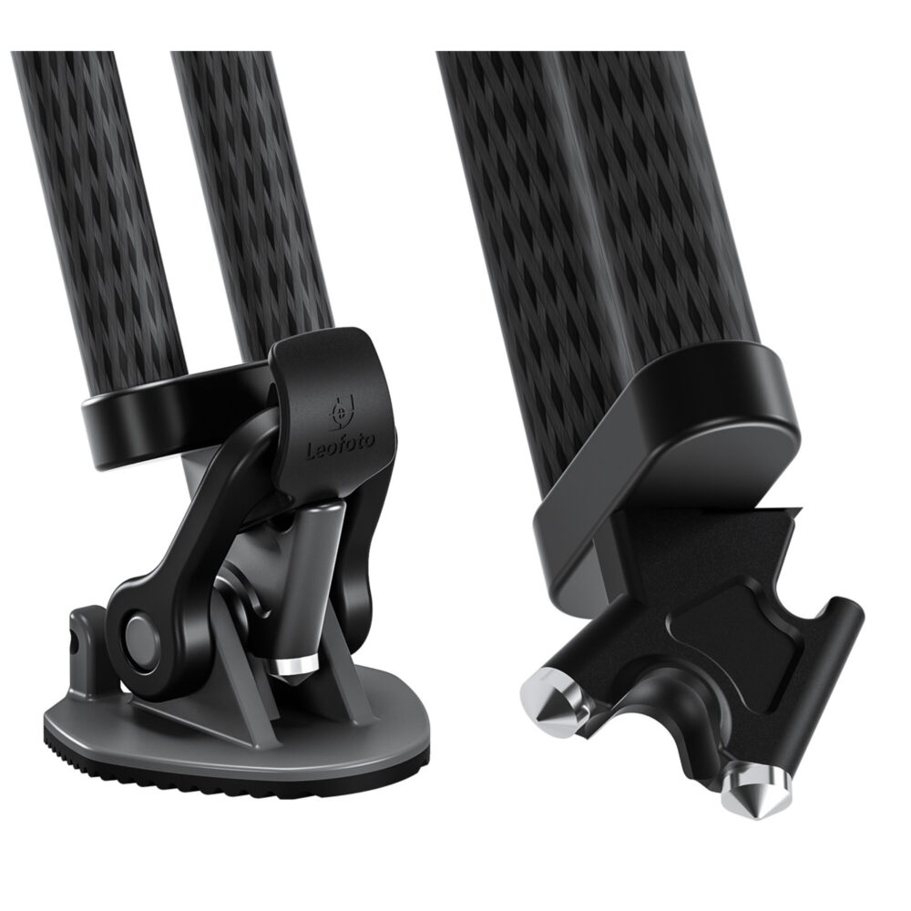 Leofoto LVC-193 Tripod detail van dubbelspikes met afneembare rubbervoeten.