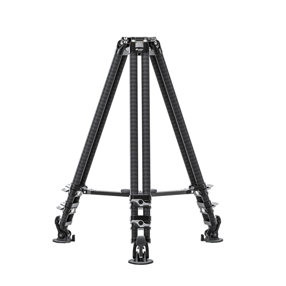Leofoto LVC-253C Tripod vooraanzicht met spreider gemonteerd voor extra stabiliteit.