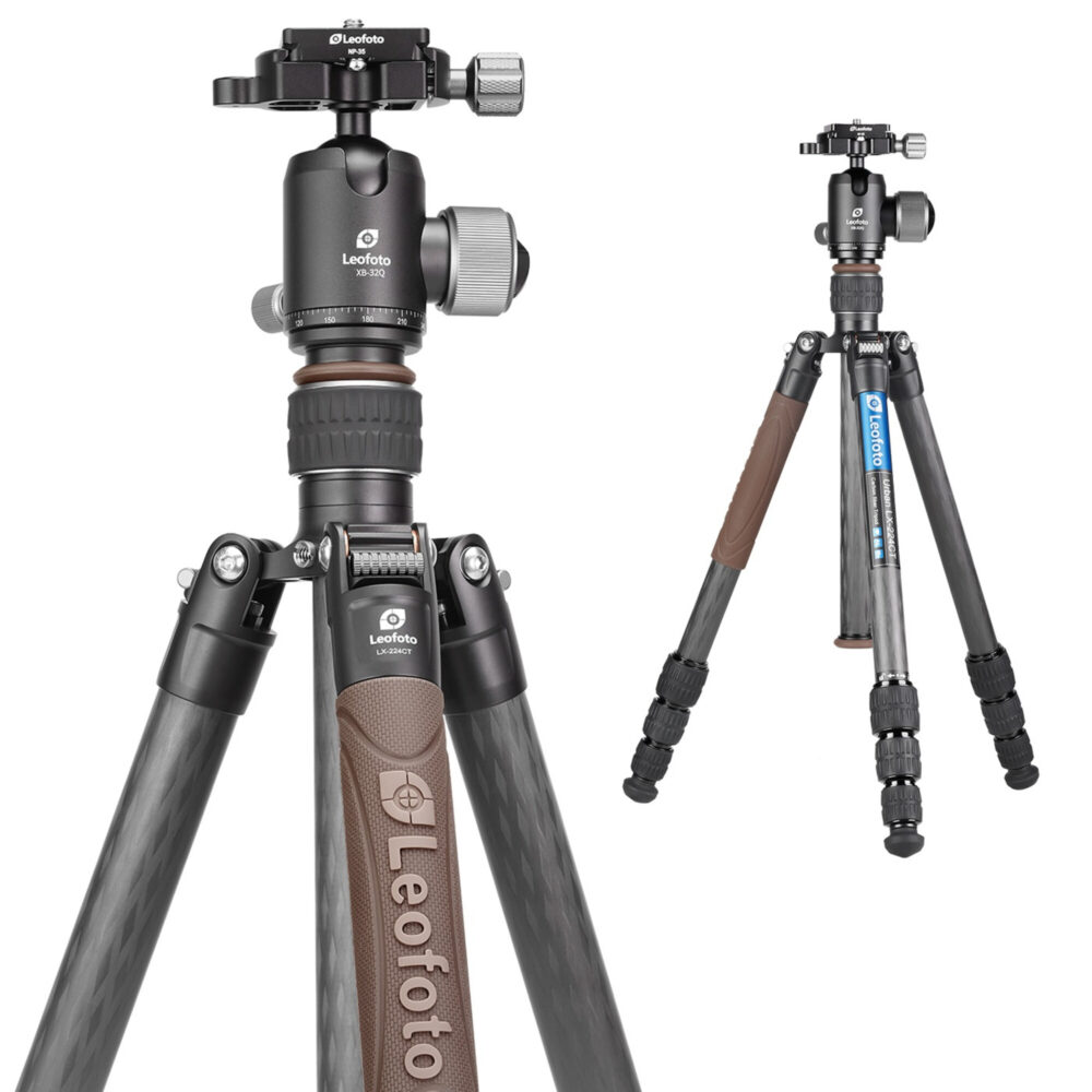 Leofoto LX-224CT Tripod voor- en zijaanzicht met gemonteerde XB-32Q.
