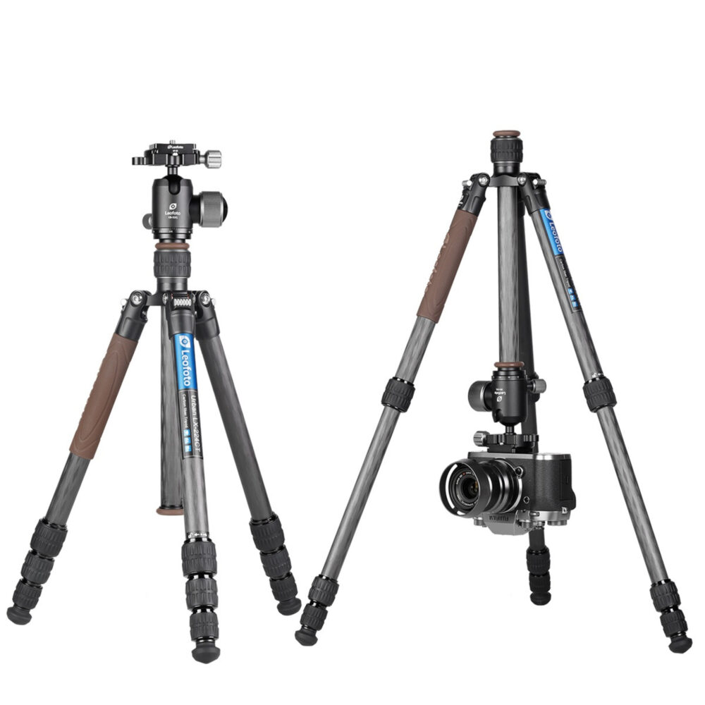 Leofoto LX-224CT Tripod twee opstellingen, normale hoogte en lage stand met omgekeerde kolom.
